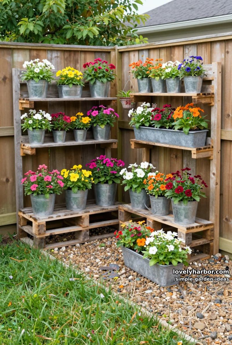 rustic backyard with pallet plant display and galvanized metal buckets 1