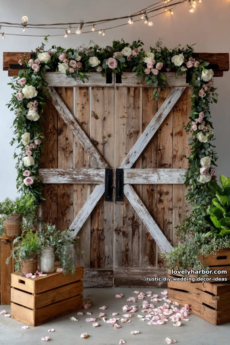 rustic barn door backdrop with cascading floral garlands 1