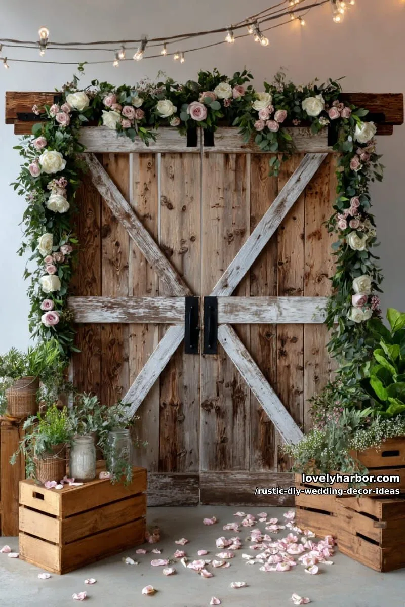 19 Rustic DIY Wedding Decor Ideas with Dreamy Vibes 31 rustic barn door backdrop with cascading floral garlands 1