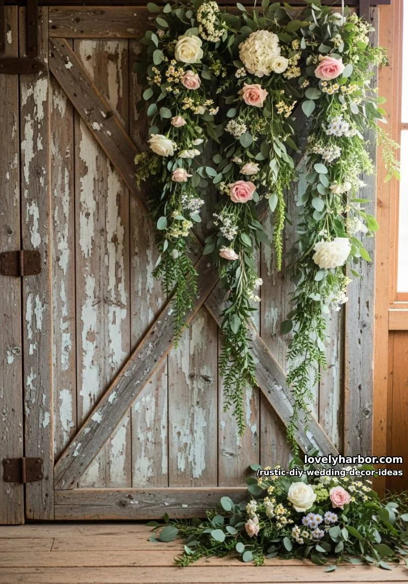 19 Rustic DIY Wedding Decor Ideas with Dreamy Vibes 32 rustic barn door backdrop with cascading floral garlands 1