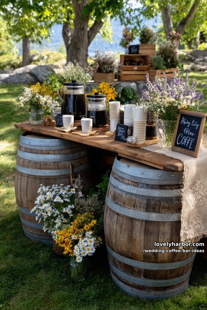 rustic barrels stacked as a coffee station with wildflower arrangements 1