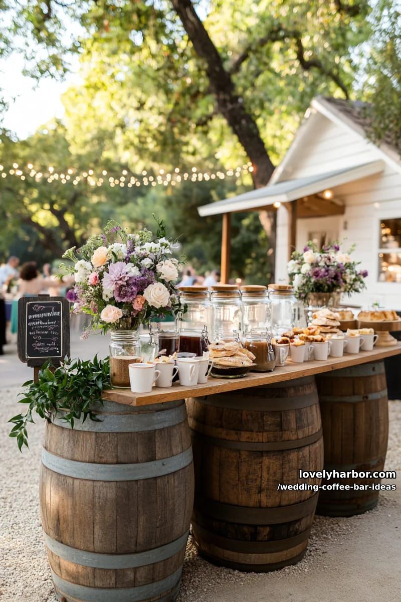 rustic barrels stacked as a coffee station with wildflower arrangements 1