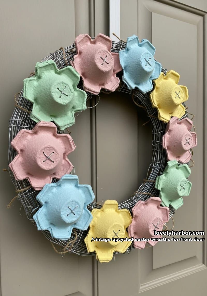 rustic egg carton flowers painted in soft pastels, stitched onto a wire base 1