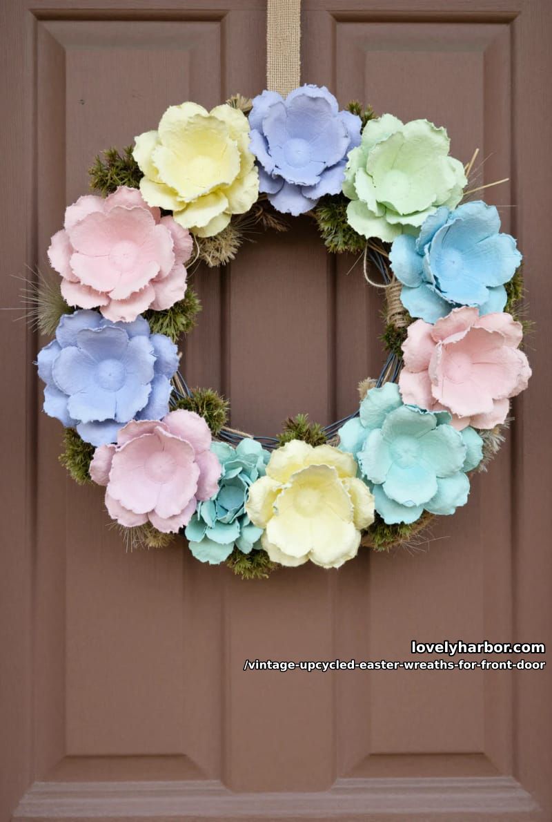 rustic egg carton flowers painted in soft pastels, stitched onto a wire base 1