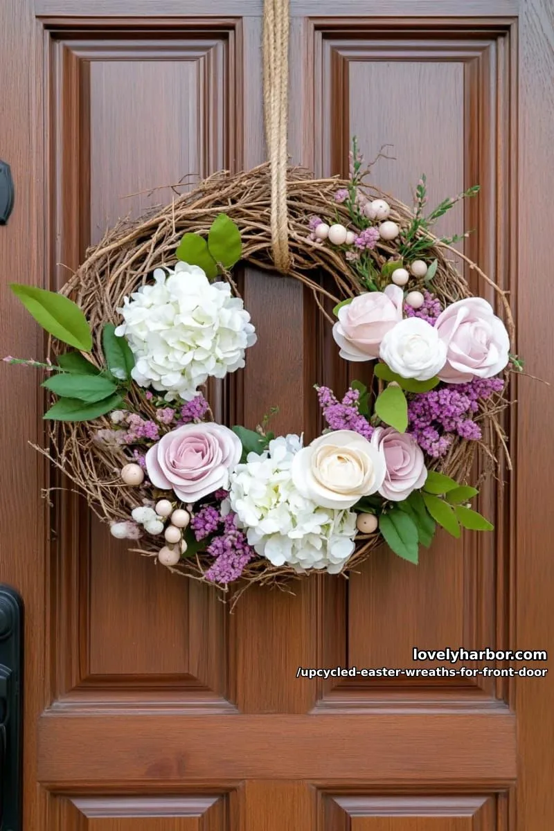 15 Upcycled Easter Wreaths For Front Door That Bring Colorful Spring Vibes 26 rustic grapevine wreath with faux flowers salvaged from broken bouquets 1