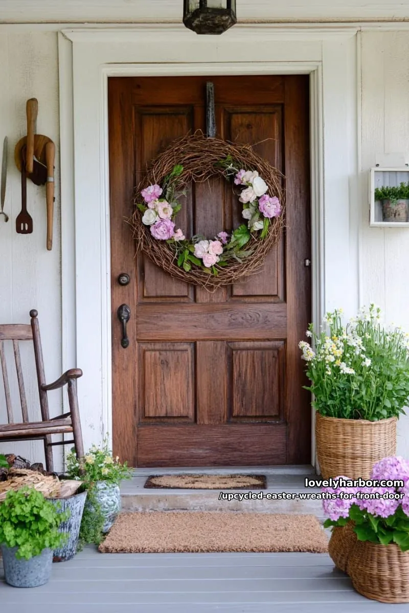 15 Upcycled Easter Wreaths For Front Door That Bring Colorful Spring Vibes 27 rustic grapevine wreath with faux flowers salvaged from broken bouquets 1
