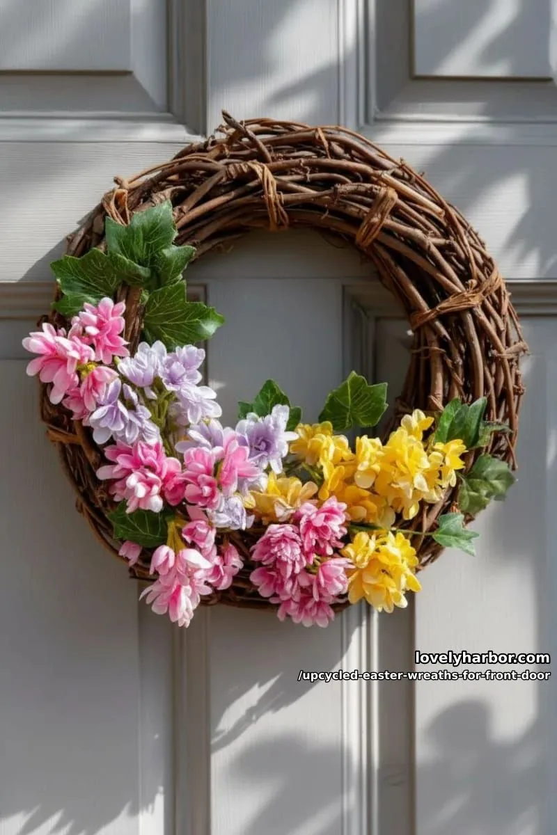 15 Upcycled Easter Wreaths For Front Door That Bring Colorful Spring Vibes 28 rustic grapevine wreath with faux flowers salvaged from broken bouquets 1