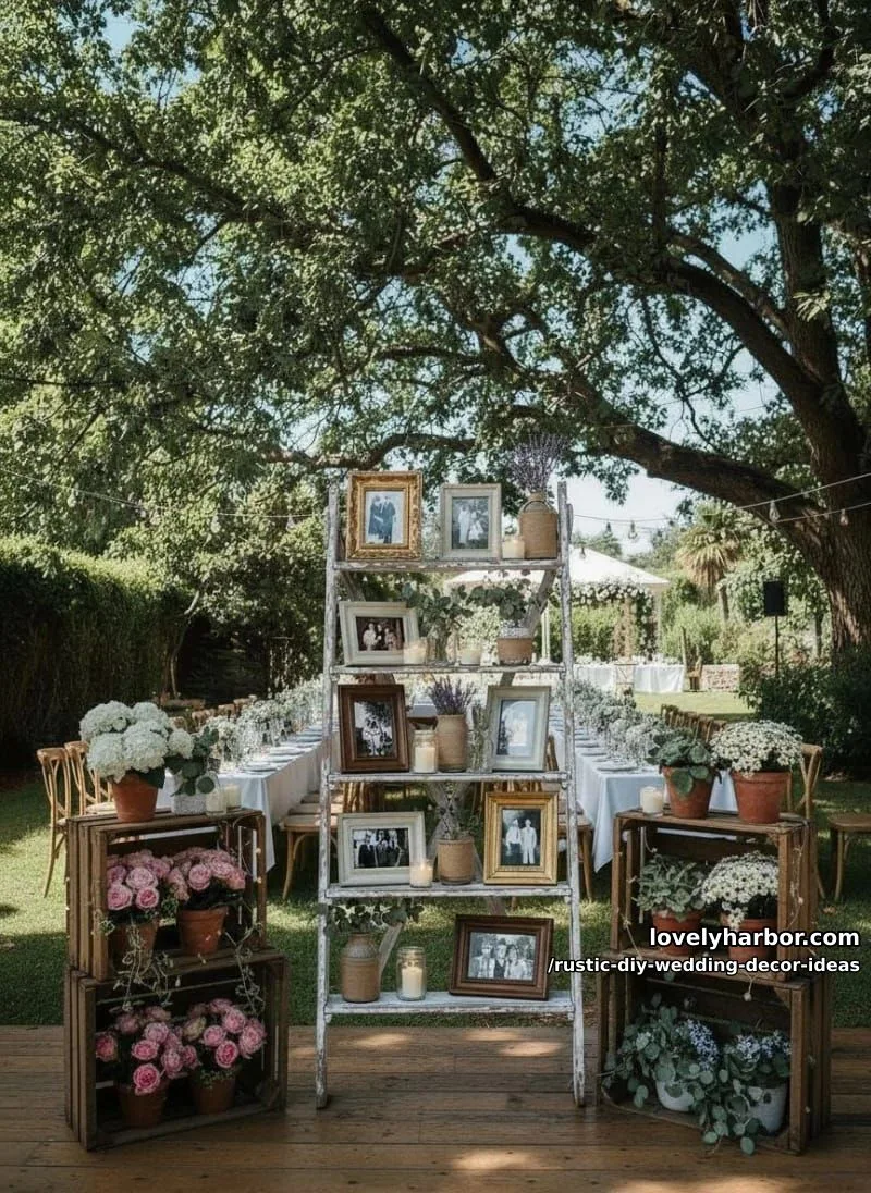 19 Rustic DIY Wedding Decor Ideas with Dreamy Vibes 10 rustic ladder shelf displaying family photos and candles 1