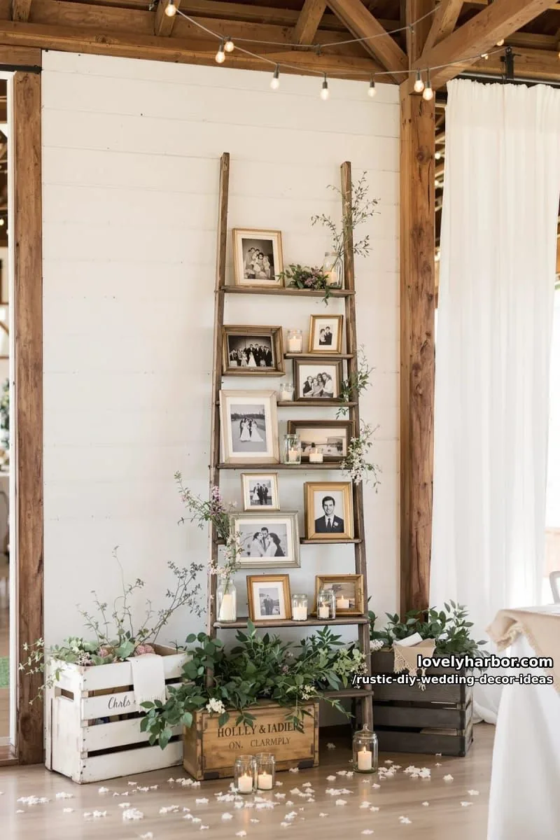19 Rustic DIY Wedding Decor Ideas with Dreamy Vibes 8 rustic ladder shelf displaying family photos and candles 1