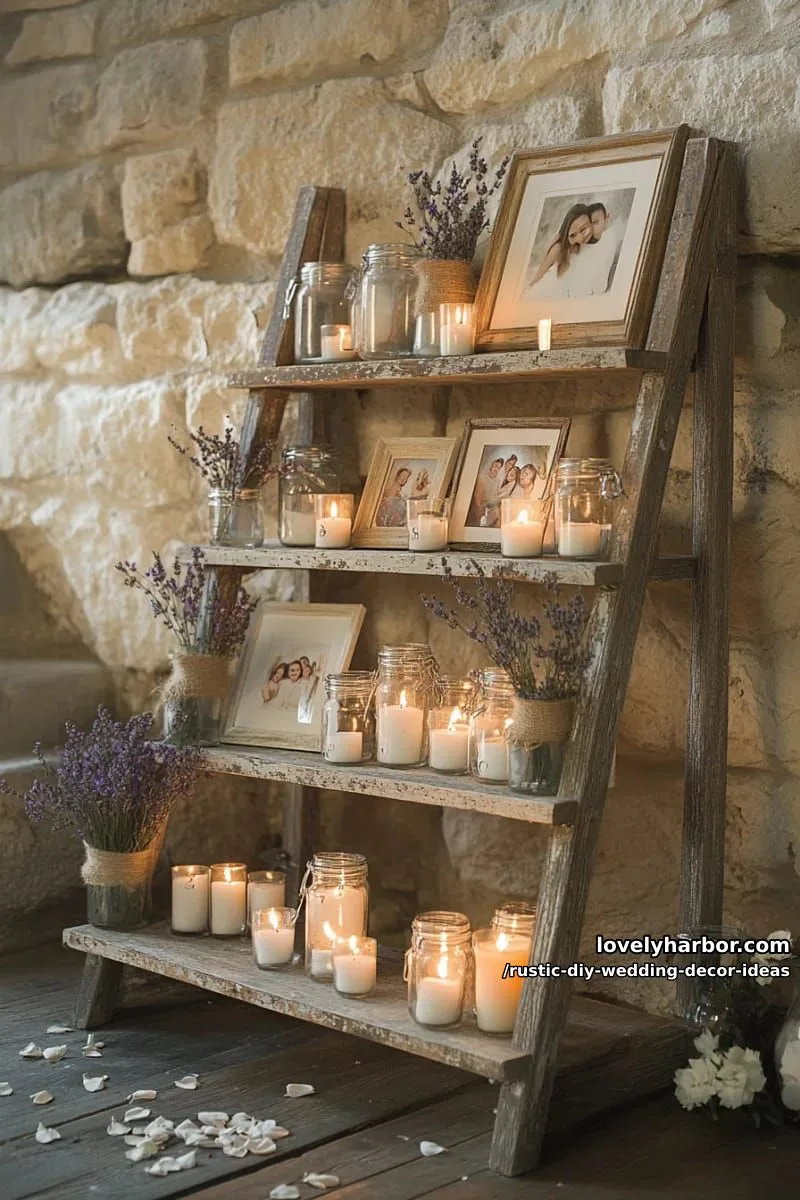 19 Rustic DIY Wedding Decor Ideas with Dreamy Vibes 9 rustic ladder shelf displaying family photos and candles 1