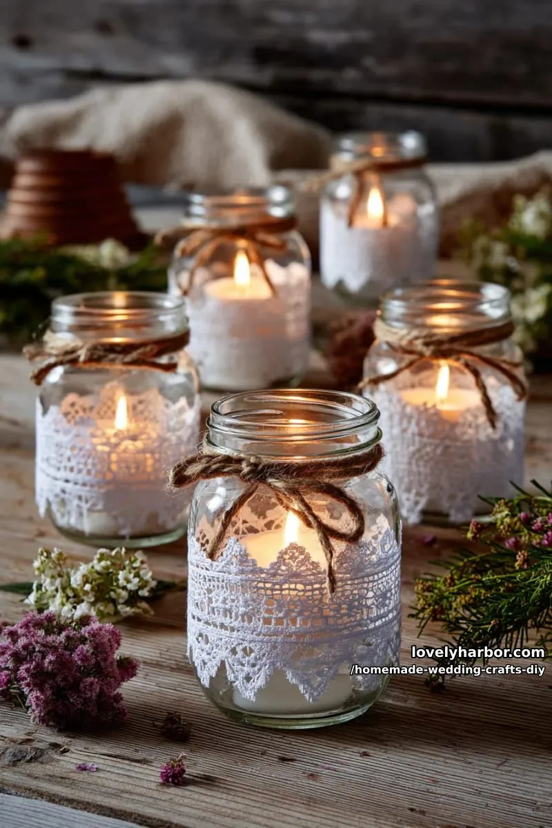 19 Homemade Wedding Crafts DIY To Wow Your Guests 2 rustic mason jar lanterns adorned with lace and twine for magical lighting 1
