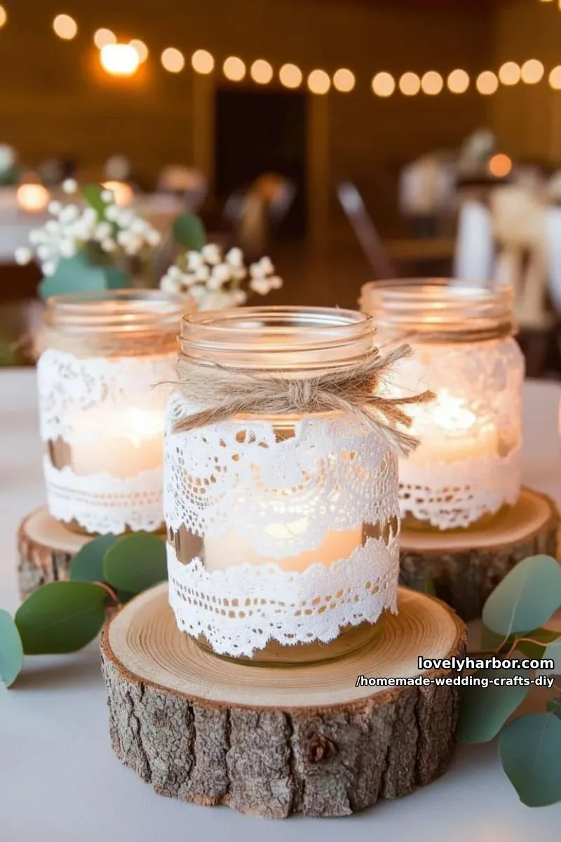 19 Homemade Wedding Crafts DIY To Wow Your Guests 3 rustic mason jar lanterns adorned with lace and twine for magical lighting 1