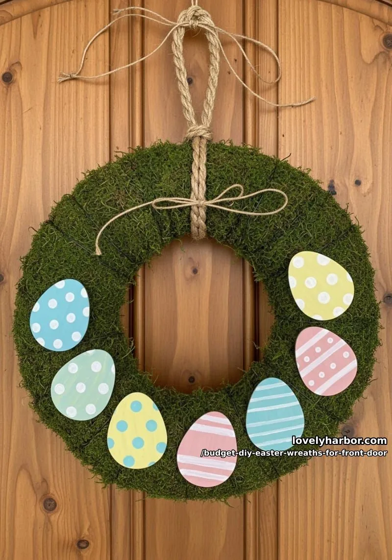 rustic moss wreath with hand-painted cardboard eggs and twine hanger 1