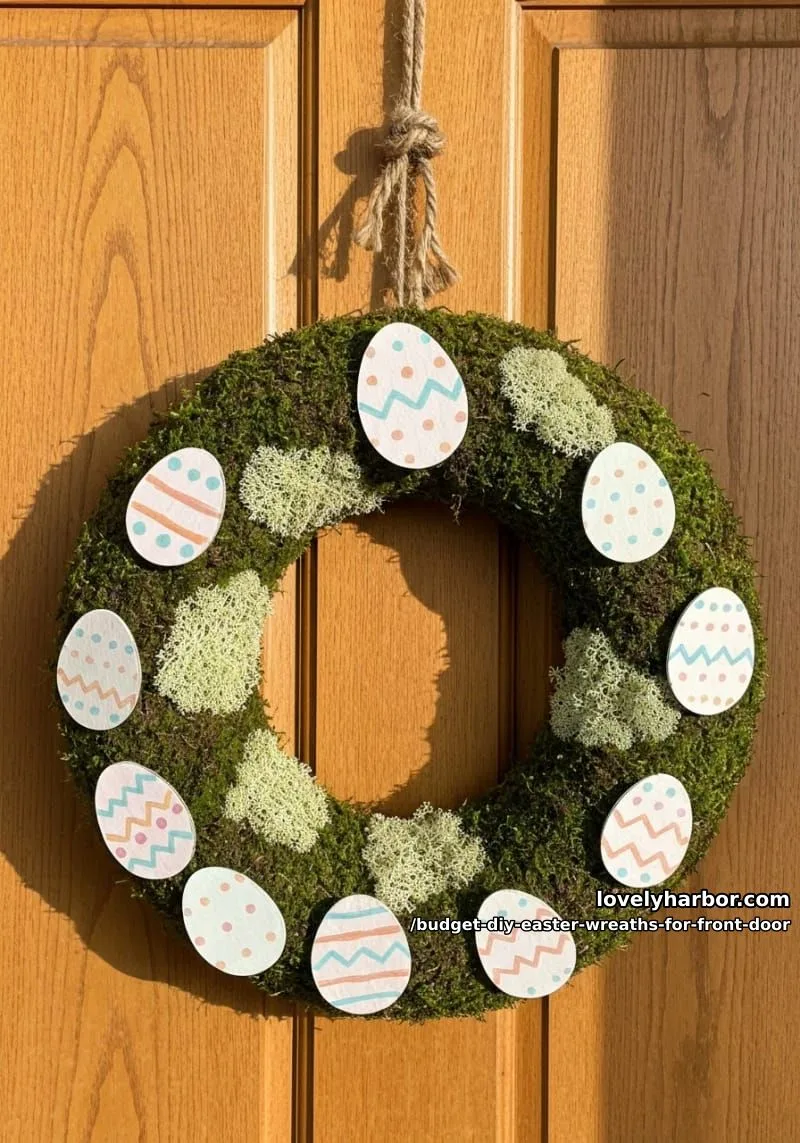 rustic moss wreath with hand-painted cardboard eggs and twine hanger 1