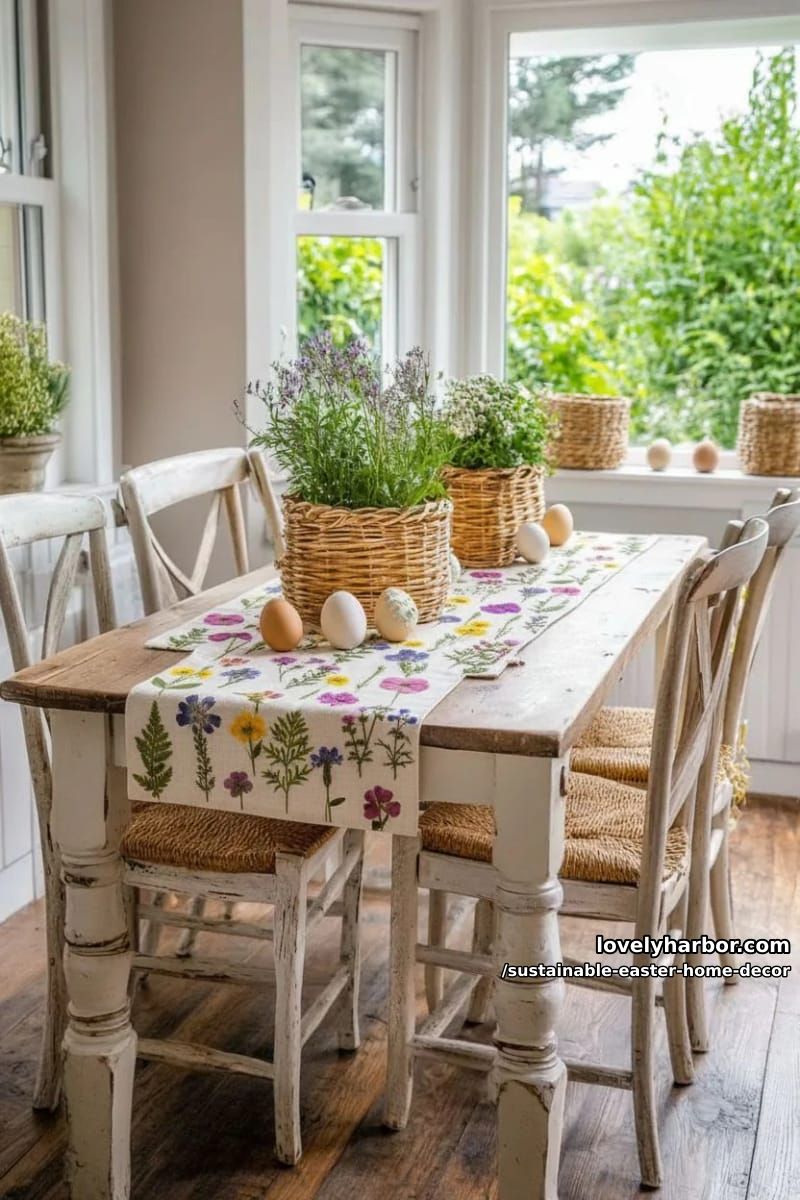 rustic table runner from linen scraps adorned with pressed wildflowers 1
