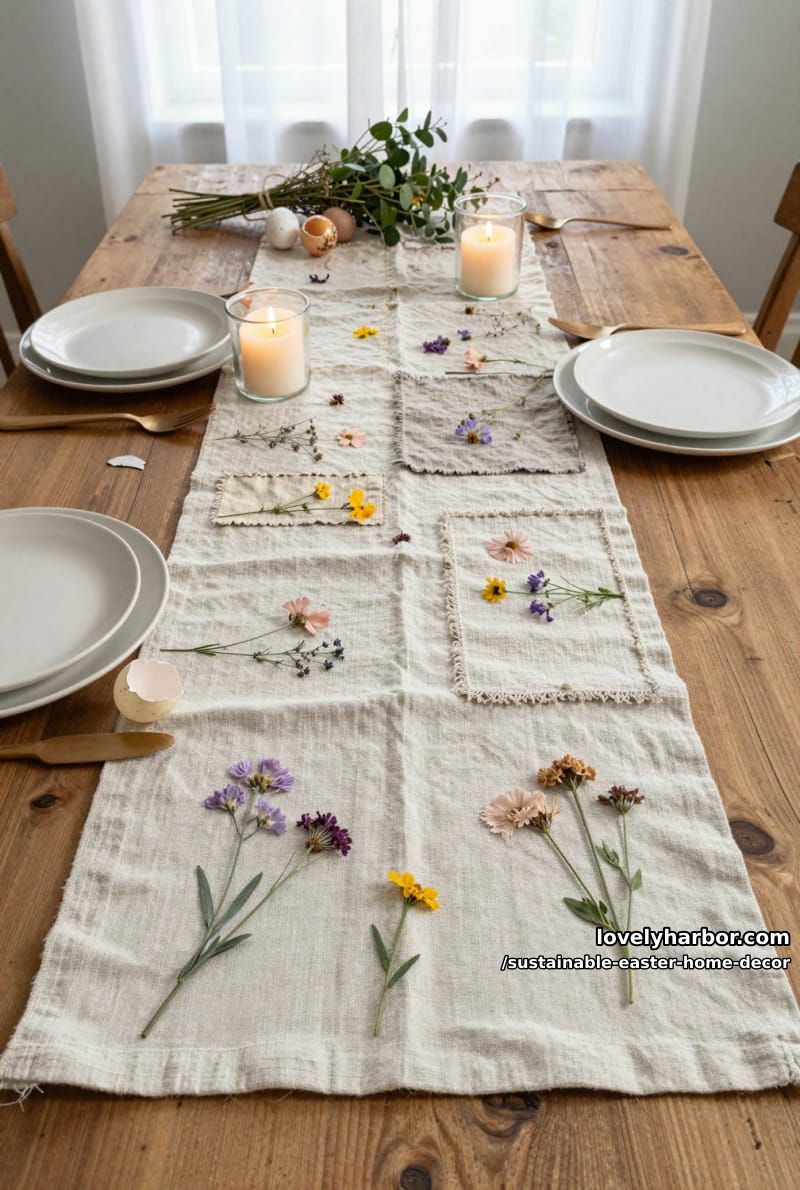 rustic table runner from linen scraps adorned with pressed wildflowers 1