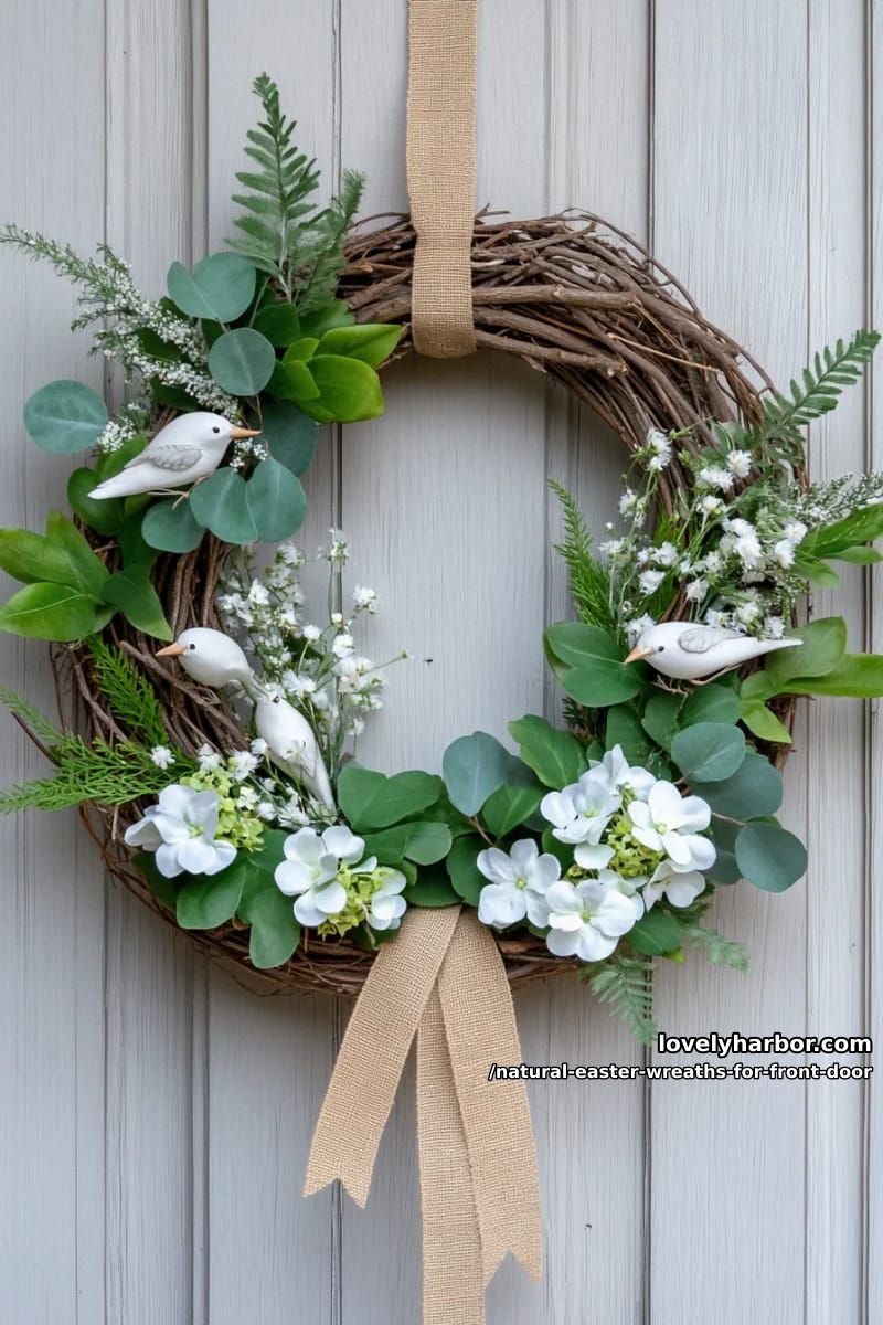 rustic twig nest wreath with feathered birds and soft green foliage 1