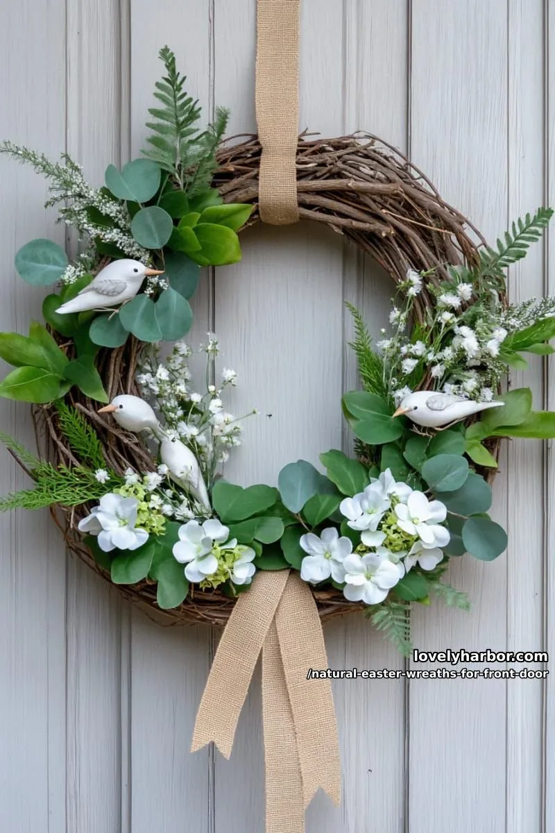 rustic twig nest wreath with feathered birds and soft green foliage 1