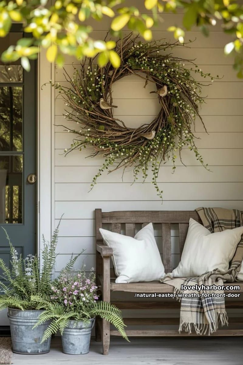 rustic twig nest wreath with feathered birds and soft green foliage 1