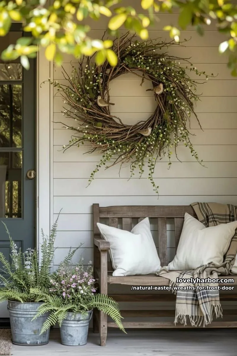 rustic twig nest wreath with feathered birds and soft green foliage 1