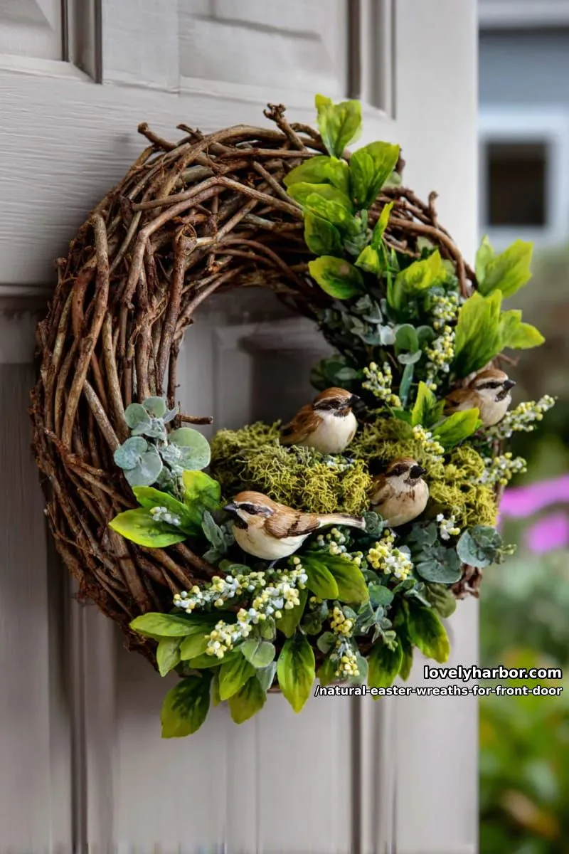 rustic twig nest wreath with feathered birds and soft green foliage 1