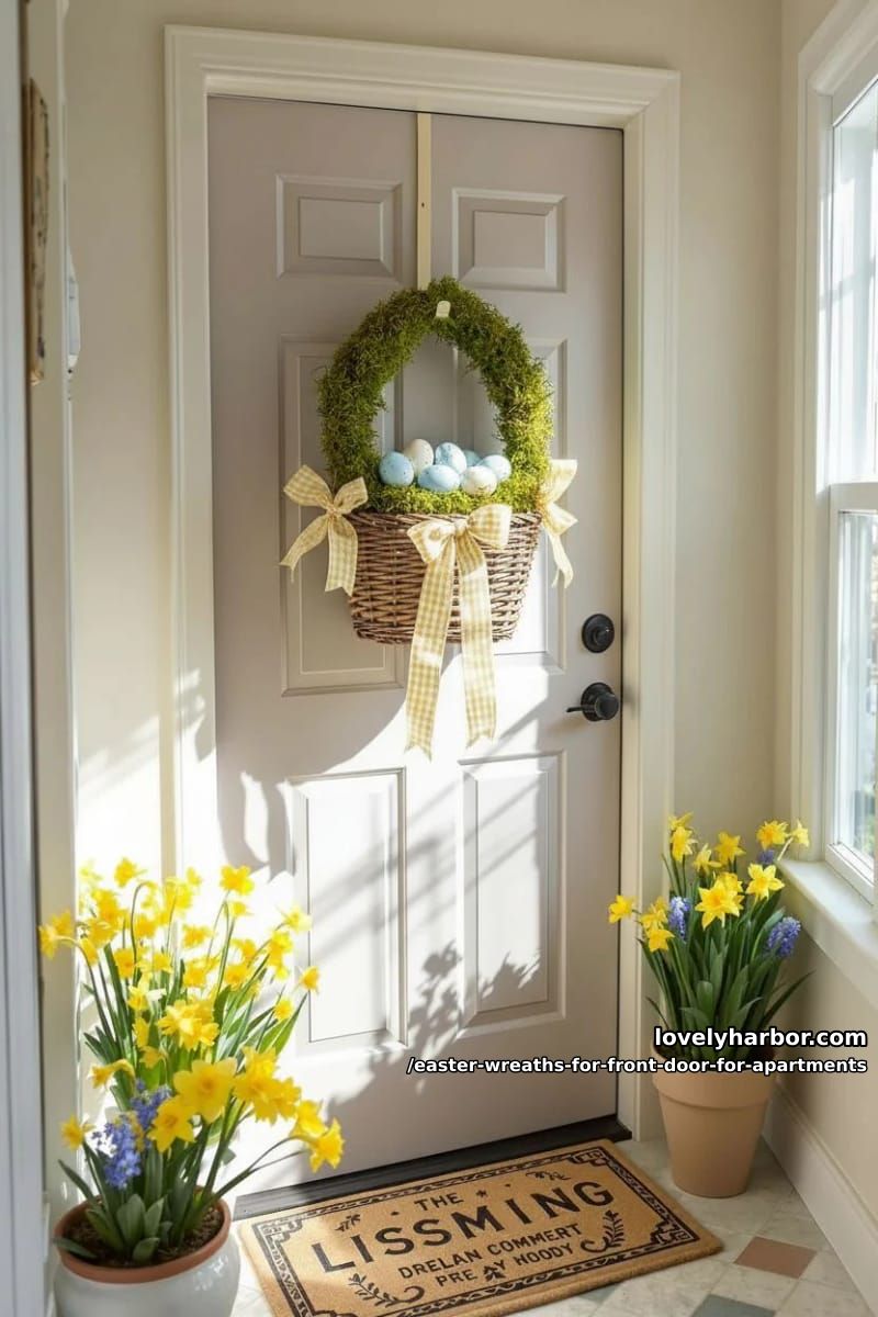 rustic wicker basket wreath with moss, eggs, and gingham ribbons 1
