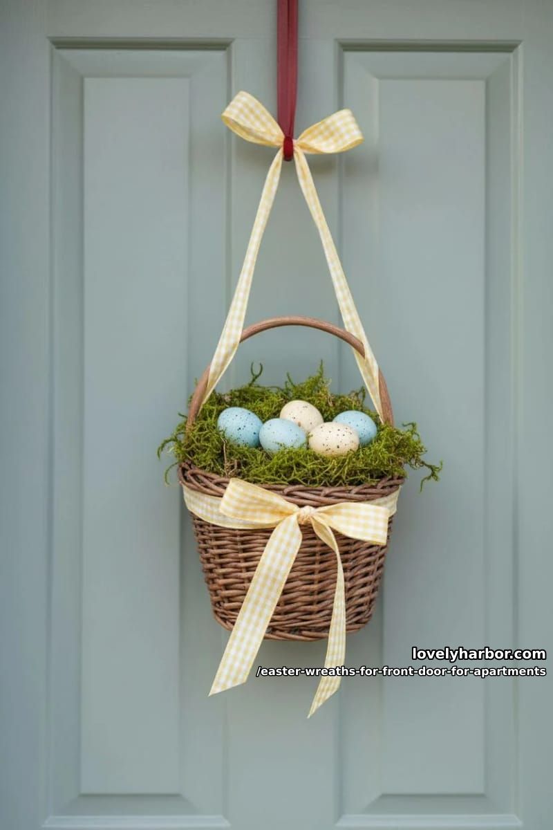 rustic wicker basket wreath with moss, eggs, and gingham ribbons 1