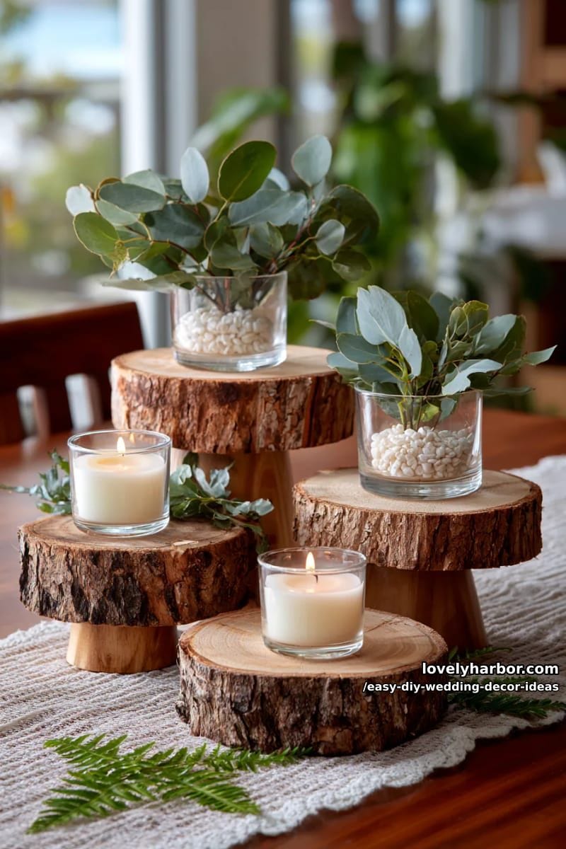 rustic wood slice cake stands topped with fresh greenery and candles 1