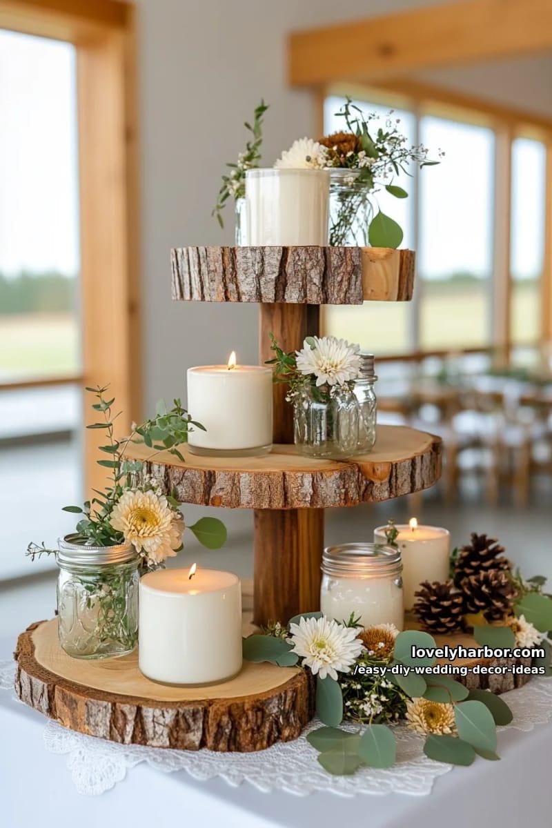 rustic wood slice cake stands topped with fresh greenery and candles 1