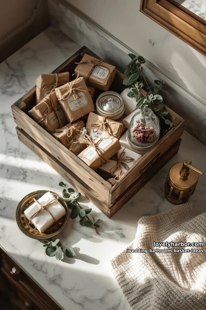 rustic wooden crate filled with eucalyptus-scented wipes and artisanal soaps 1