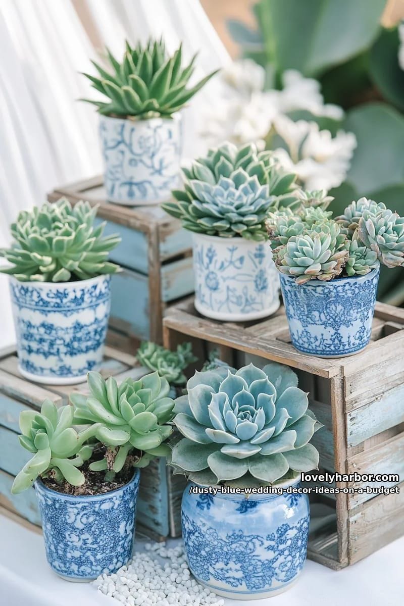 rustic wooden crates stacked with blue and white potted succulents 1