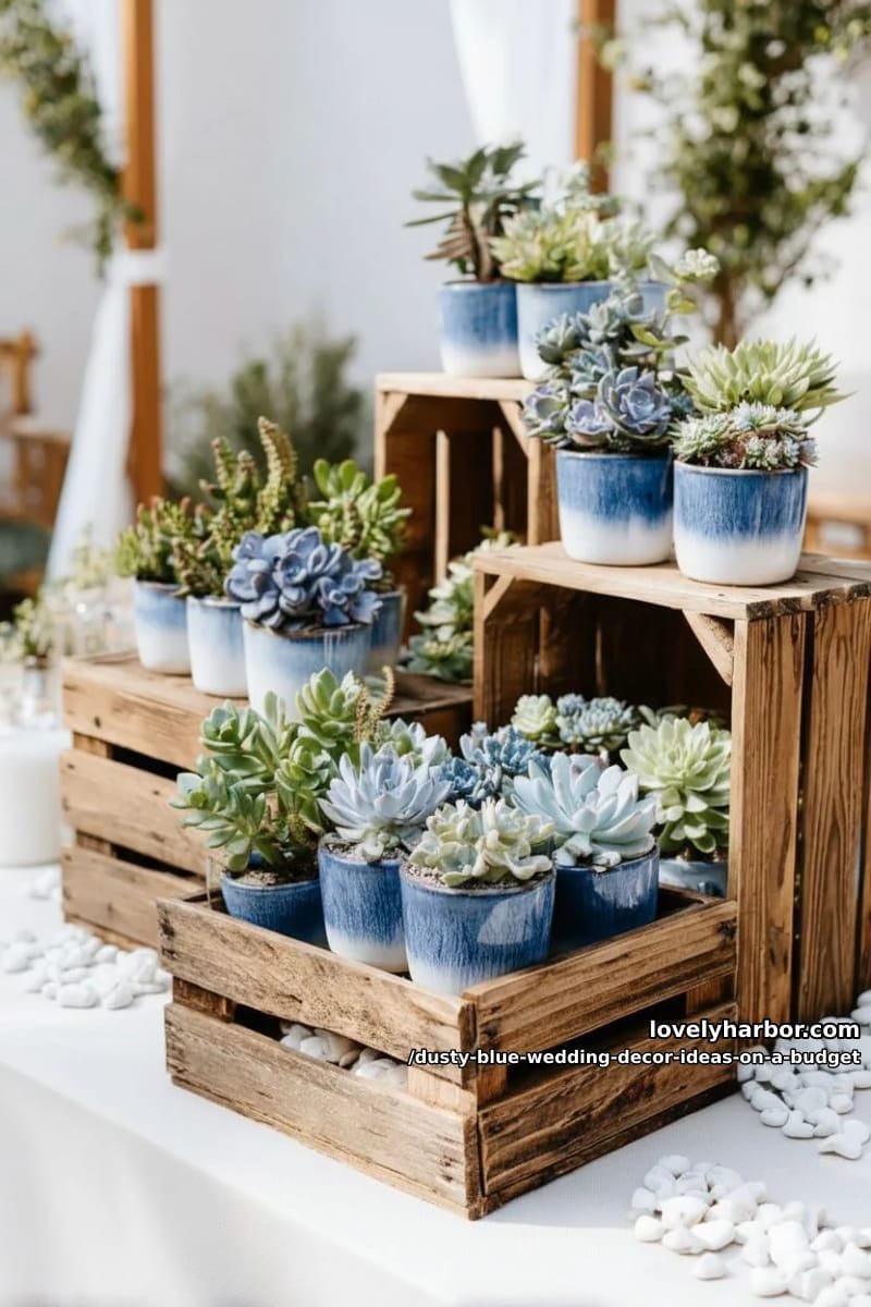 rustic wooden crates stacked with blue and white potted succulents 1
