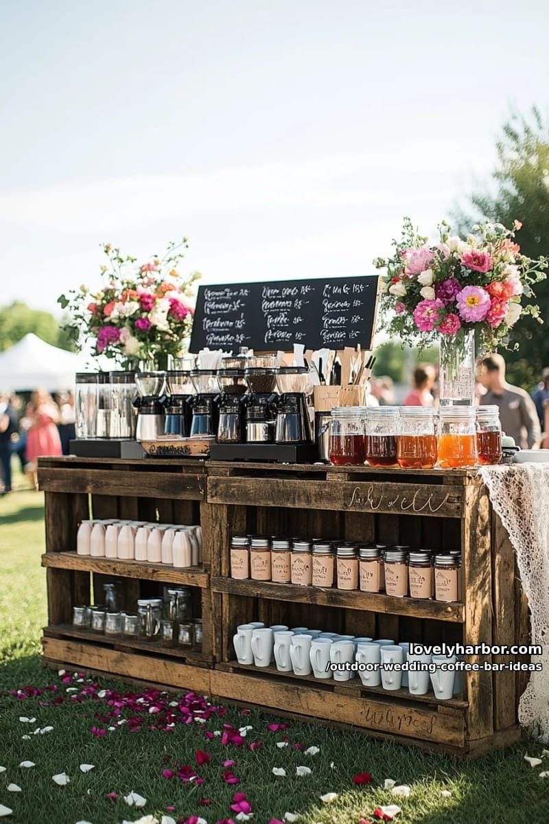 rustic wooden pallet bar with personalized mugs as wedding favors 1