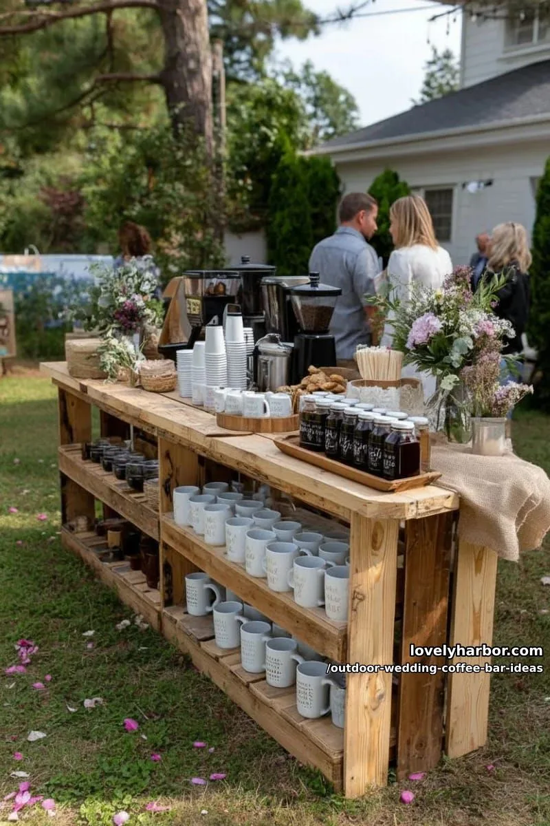 rustic wooden pallet bar with personalized mugs as wedding favors 1