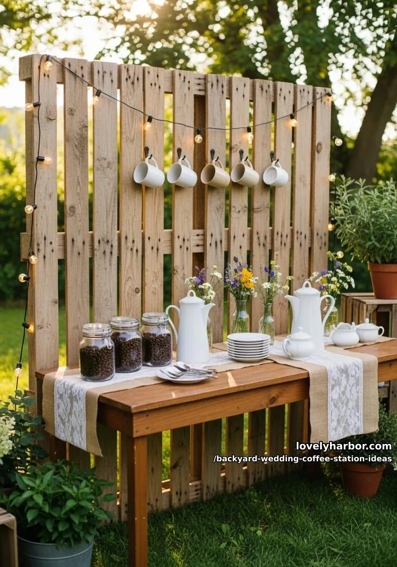 15 Backyard Wedding Coffee Station Ideas For Your Reception 4 rustic wooden pallet wall with hanging ceramic mugs and fairy lights 1