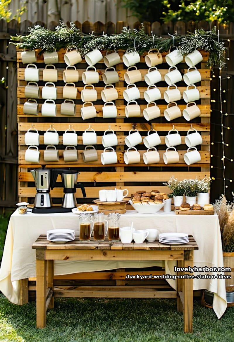 rustic wooden pallet wall with hanging ceramic mugs and fairy lights 1
