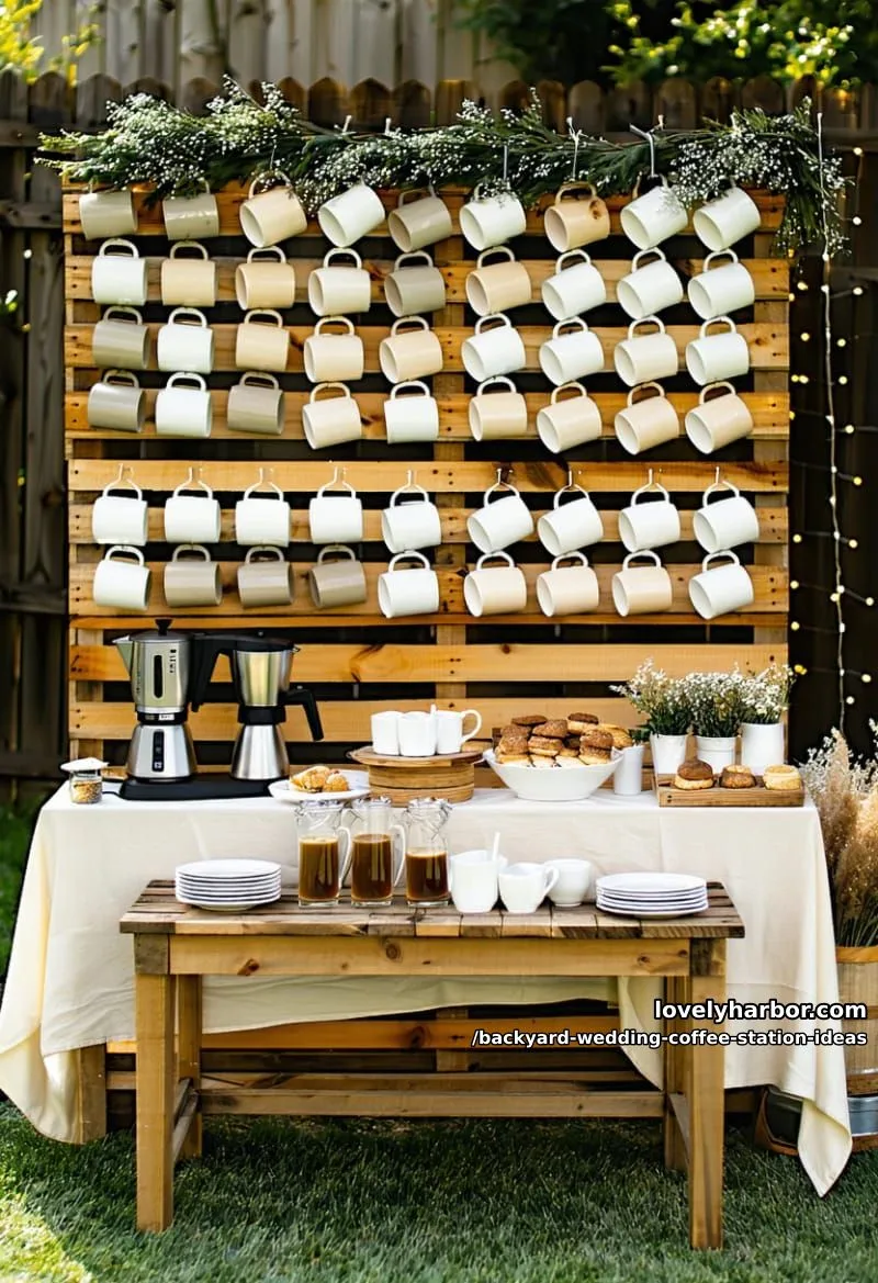15 Backyard Wedding Coffee Station Ideas For Your Reception 5 rustic wooden pallet wall with hanging ceramic mugs and fairy lights 1