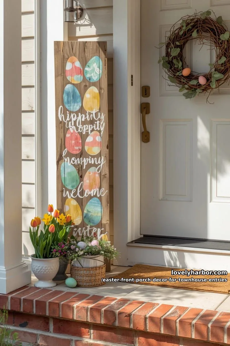 rustic wooden sign with “hippity hoppity welcome” and watercolor eggs 1