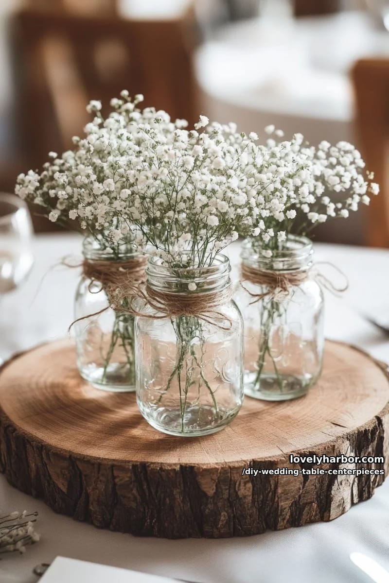 rustic wooden slab centerpiece with mason jars and baby’s breath clusters 1