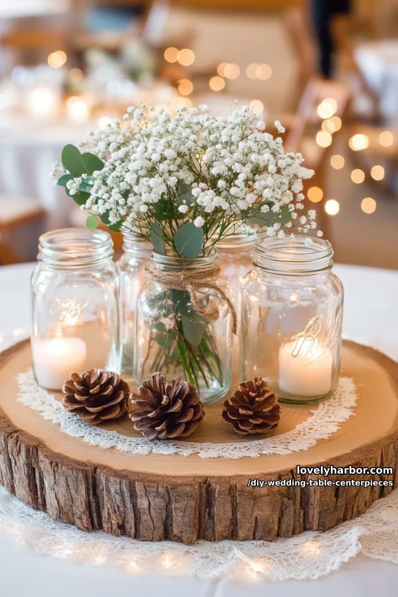 rustic wooden slab centerpiece with mason jars and baby’s breath clusters 1