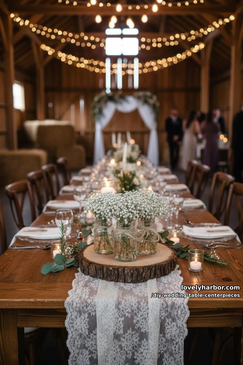 rustic wooden slab centerpiece with mason jars and baby’s breath clusters 1