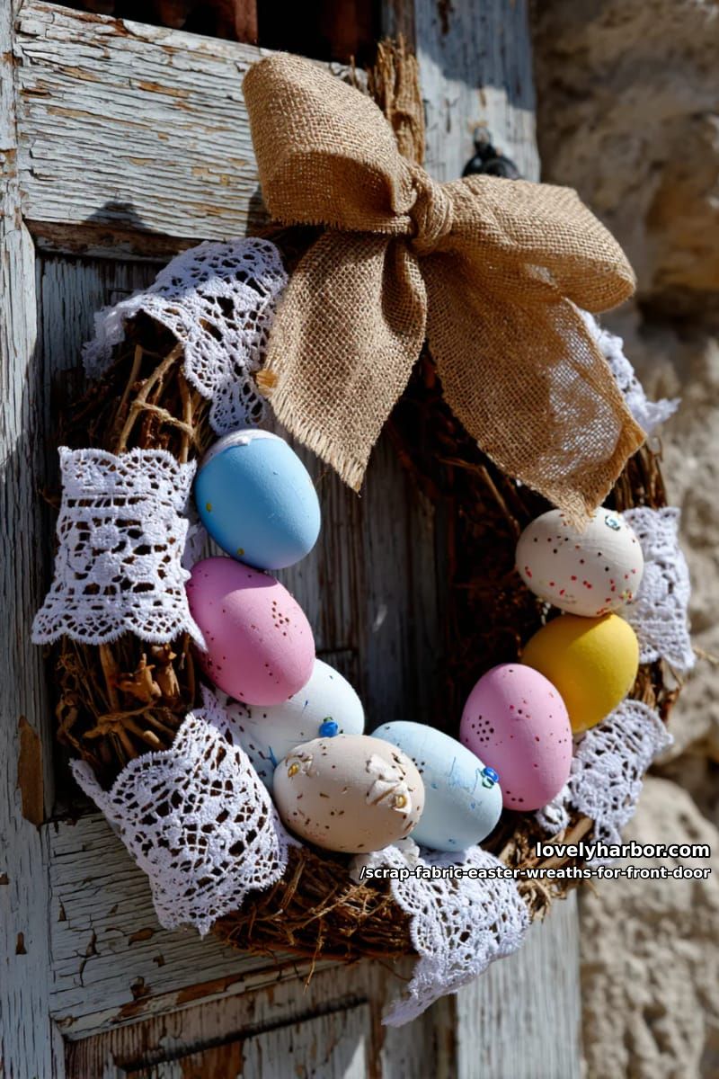 rustic wreath featuring burlap strips, lace, and hand-sewn fabric eggs 1