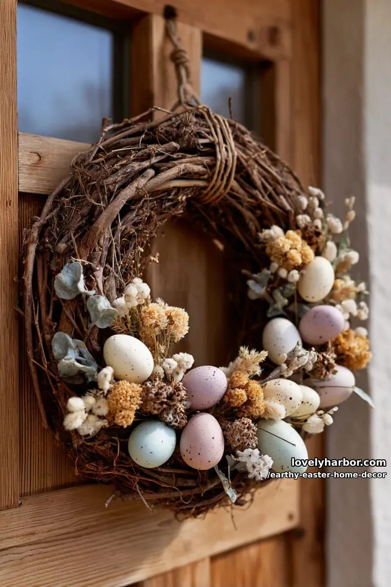 15 Earthy Easter Home Decor For A Nature-Friendly Seasonal Touch 16 rustic wreath of dried florals, twigs, and muted eggs for the front door 1