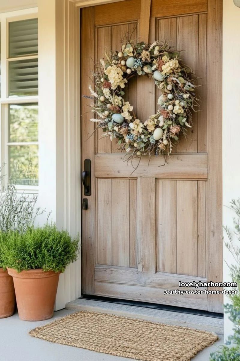 rustic wreath of dried florals, twigs, and muted eggs for the front door 1