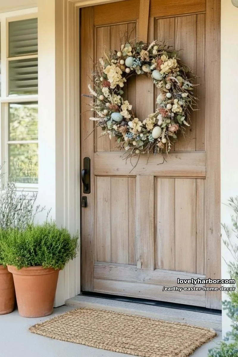 15 Earthy Easter Home Decor For A Nature-Friendly Seasonal Touch 17 rustic wreath of dried florals, twigs, and muted eggs for the front door 1