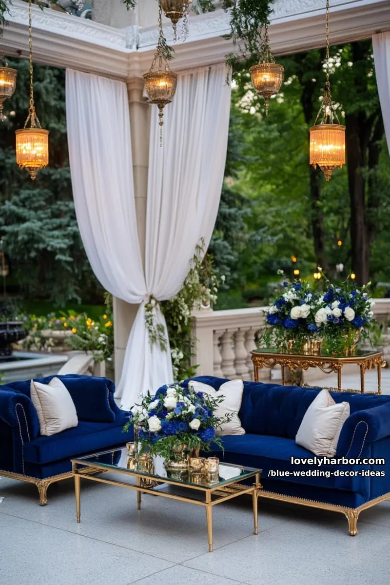 sapphire blue velvet lounge area with gold-trimmed couches and pillows 1