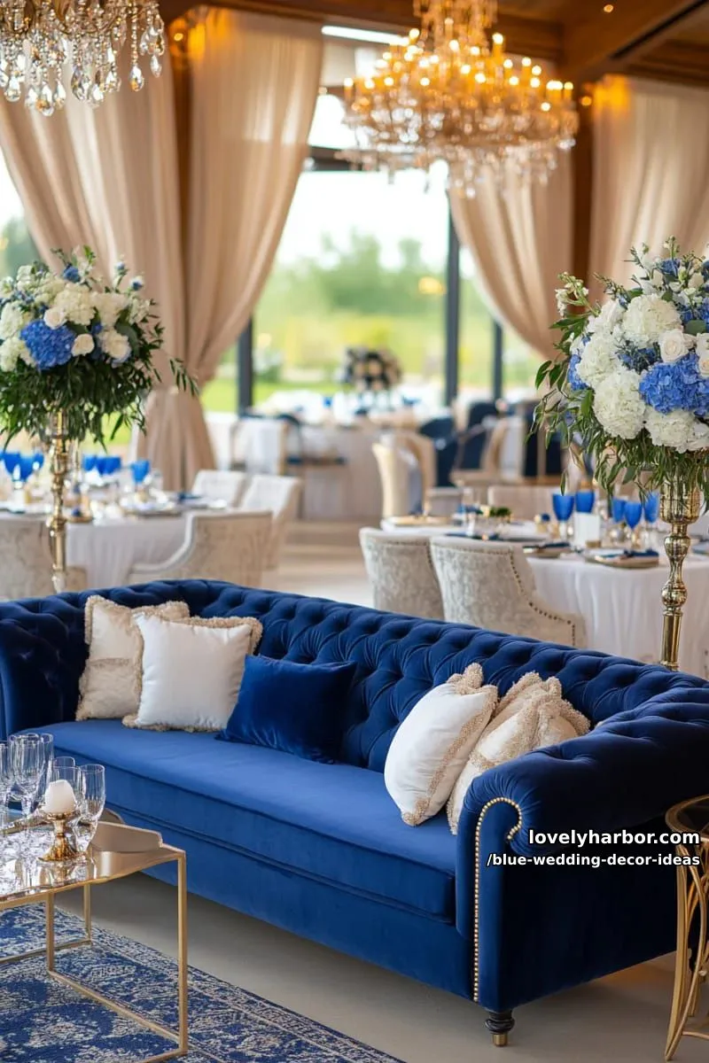 sapphire blue velvet lounge area with gold-trimmed couches and pillows 1