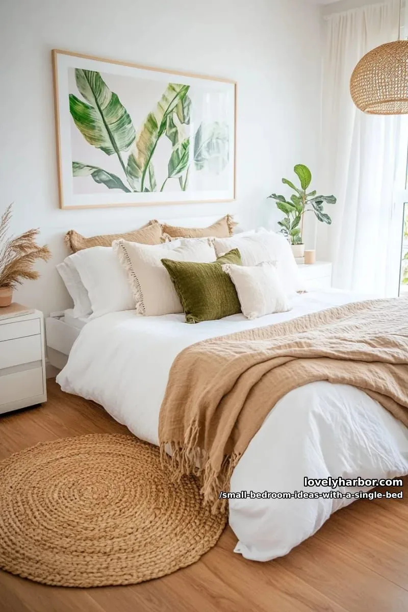 scandinavian-inspired neutral palette with oversized botanical prints above the headboard. 1