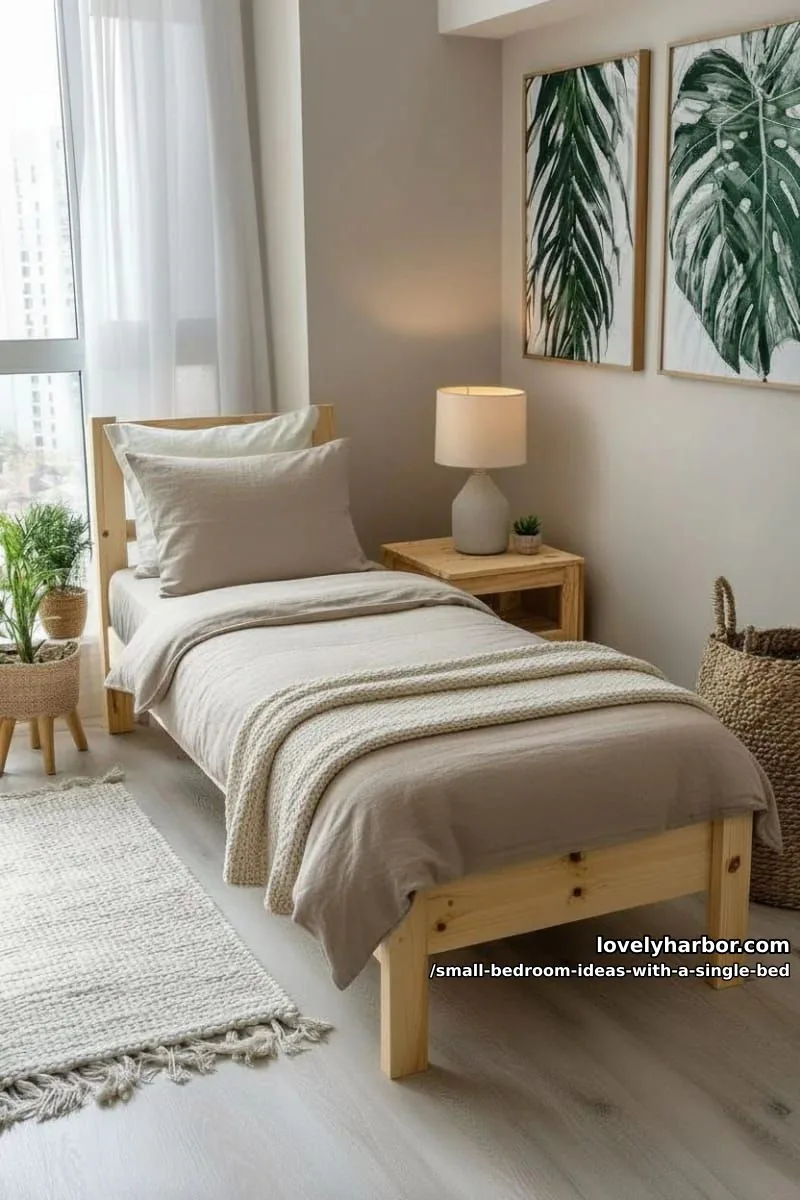 scandinavian-inspired neutral palette with oversized botanical prints above the headboard. 1