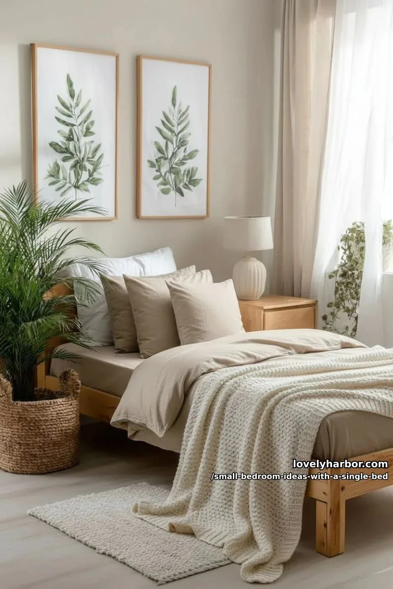 scandinavian-inspired neutral palette with oversized botanical prints above the headboard. 1